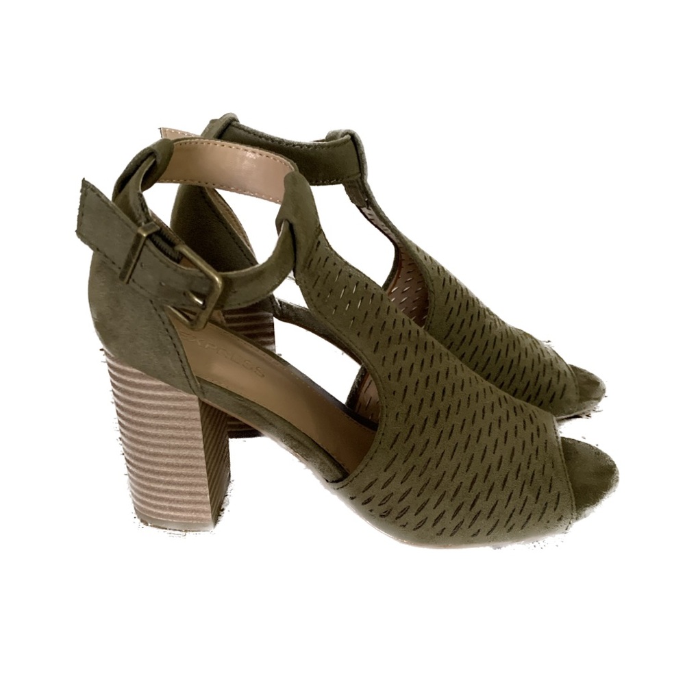 EUC Express Chunky High Heel T-Strap Perforated Sandal Olive Green